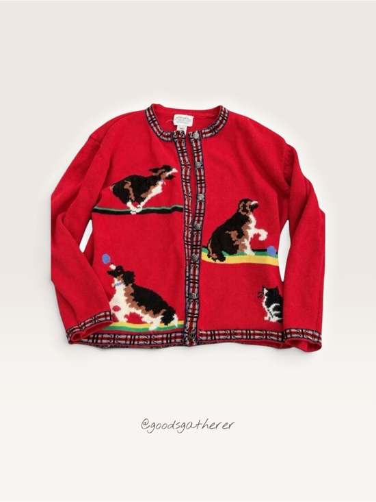Susan Bristol Sweaters - VINTAGE 1991 Susan Bristol Dog Cat Cardigan Sweater L Novelty Cottagecore